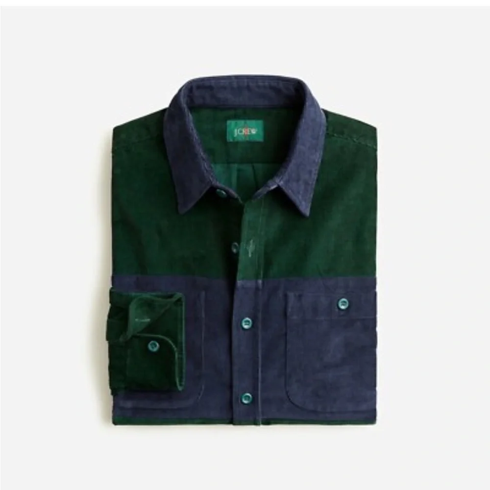 J.Crew Men's Midweight Corduroy Workshirt Green Blue Colorblock Size SMALL